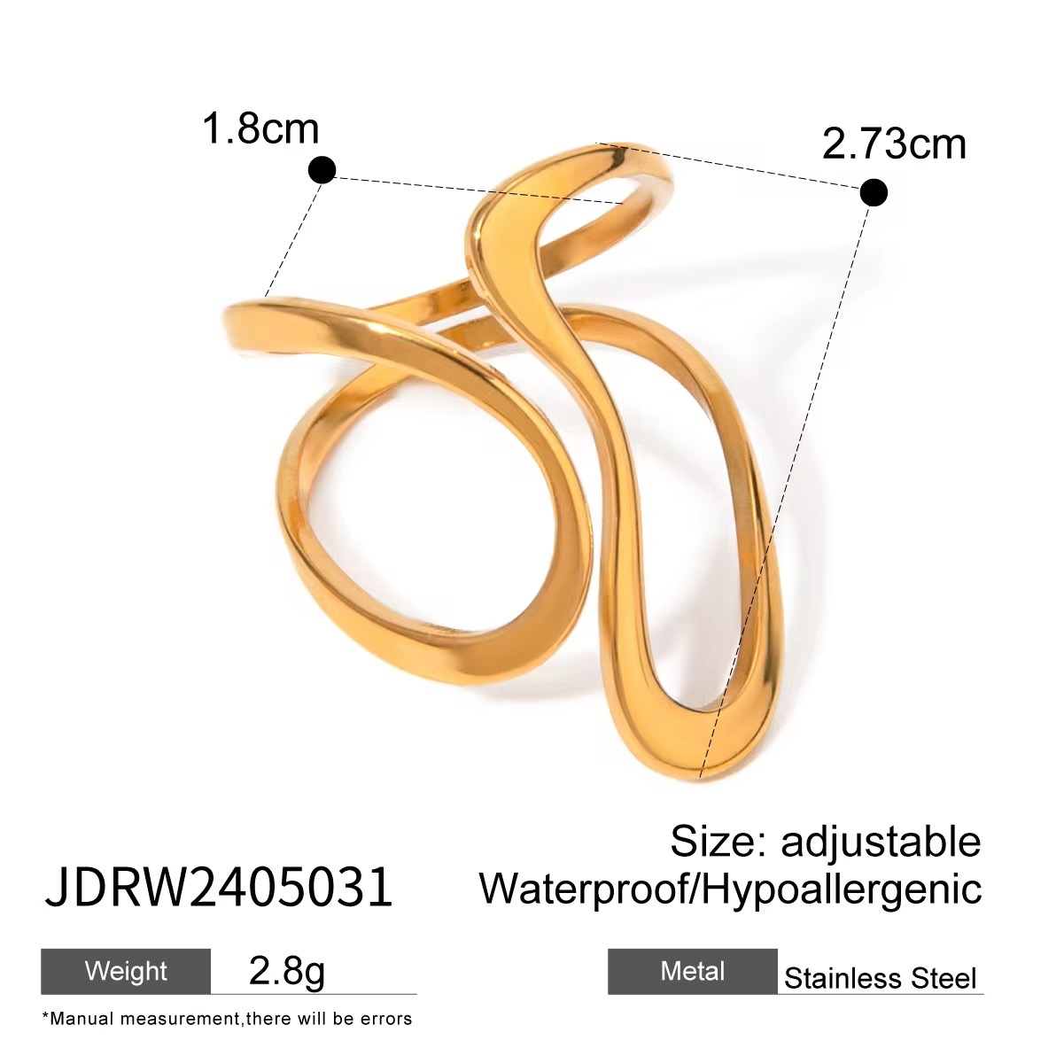 18K Gold Plated Luxury Smooth Line Shaped Open Ring 